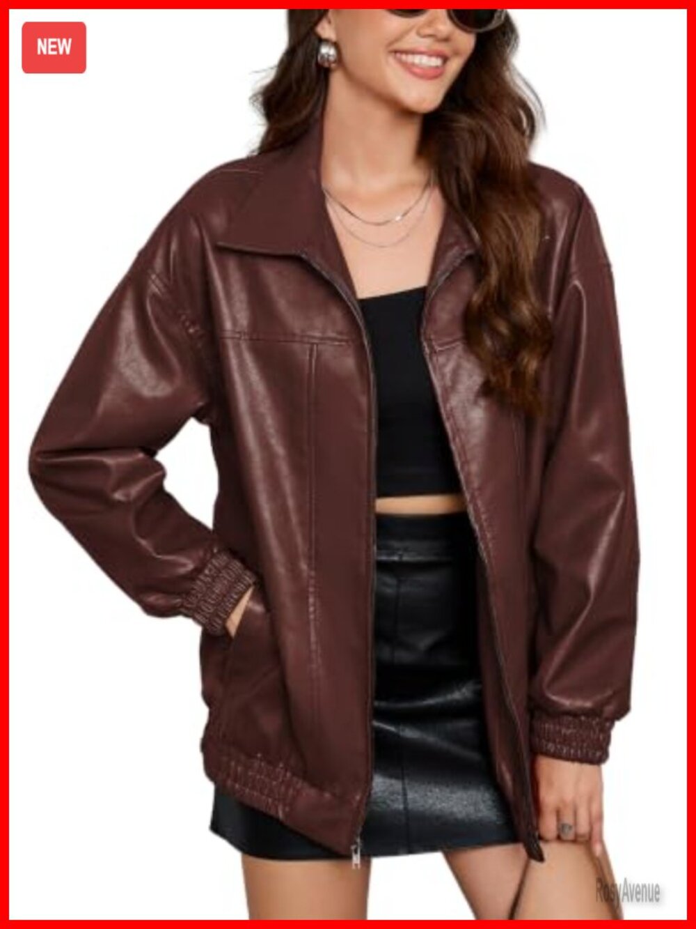 Faux PU Leather Women's Zip Ribbed Oversized Winter Coat
